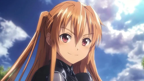 Sunlit anime heroine smiling beneath a bright summer sky.