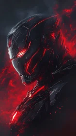 Dark armored cyborg head with glowing red energy.