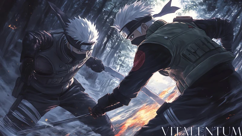 Intense masked warriors clash in a glowing forest duel.