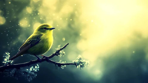Yellow songbird on flowering branch in dreamy, glowing light.
