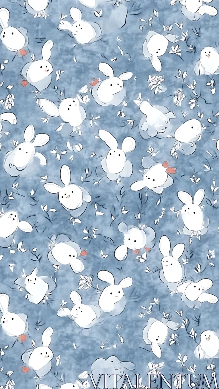 White cartoon rabbits on blue floral textured background.
