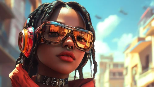 Neon street dreamer with chrome headphones and ember visor.