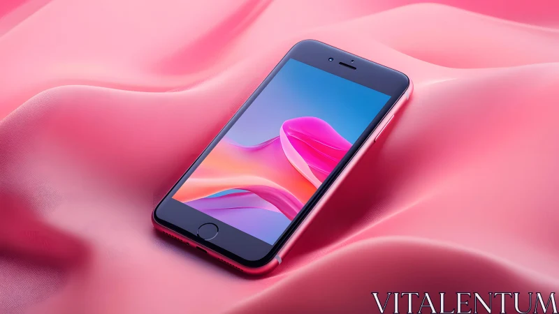Modern smartphone on pink satin fabric, vibrant and minimalistic.