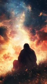 Silhouetted figure on hillside below luminous star field.