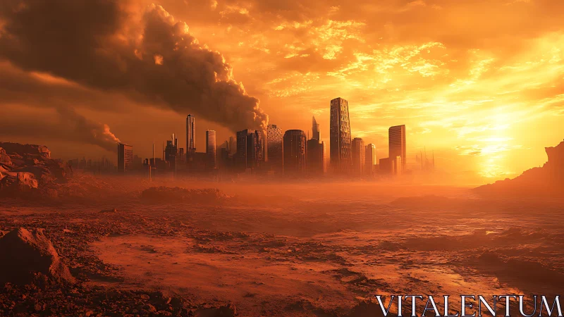 Distant modern city skyline stands over barren red terrain