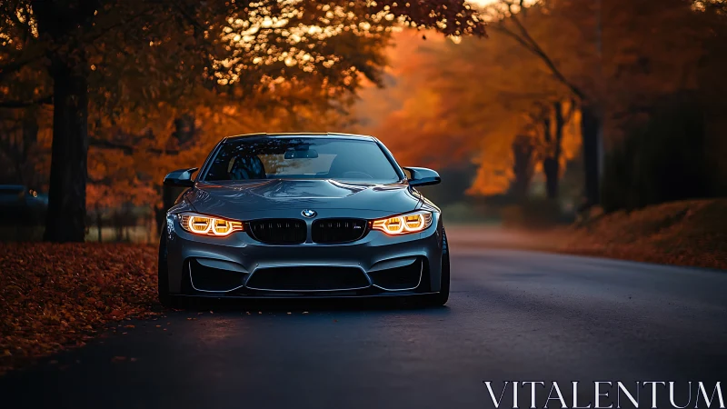 Photorealistic sports coupe on autumn forest roadway at dusk.