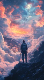 Hiker stands on rocky peak facing luminous cloudscape sky