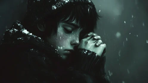 Solitary youth with clasped hands in winter snowfall.