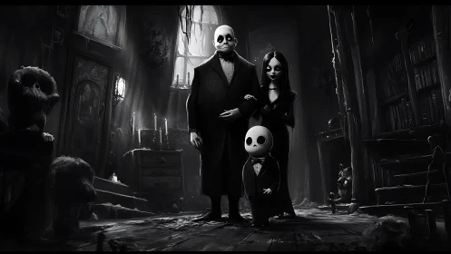 Gothic cartoon family portrait in monochrome haunted interior.