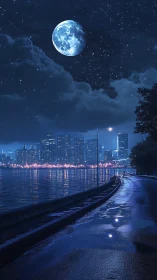 Moonlit waterfront boulevard under luminous city skyline.