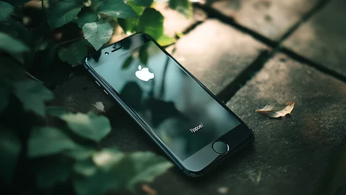 iPhone rests among ivy and fallen leaves on weathered pavement.