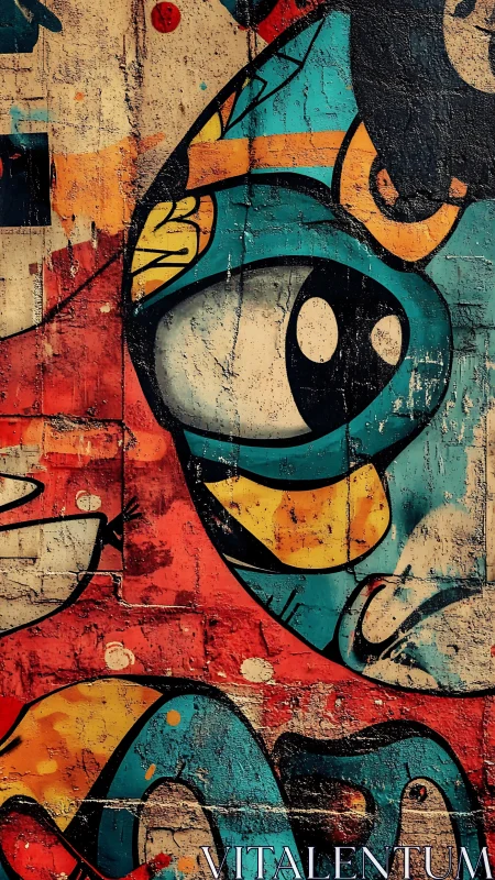 Vivid street mural with bold cartoon eye motif on brick wall.