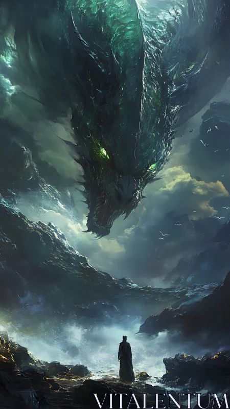 Solitary figure under massive emerald sea dragon sky.