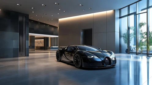 Photorealistic hypercar in minimalist glass atrium interior.