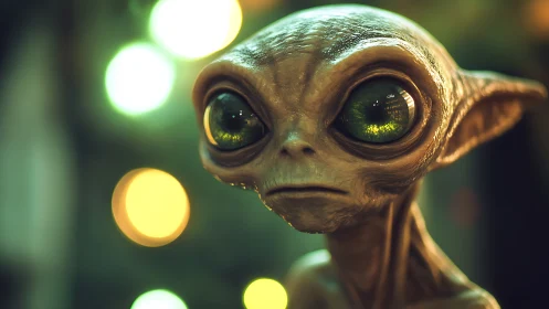 Green-eyed extraterrestrial portrait with blurred light bokeh.