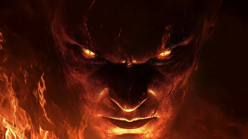 Infernal demon face glows within swirling molten fire.