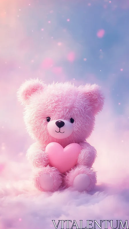 Chromatic plush bear holding stylized heart in diffuse bokeh field.