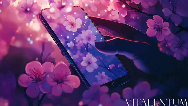 Smartphone screen reflecting neon-lit cherry blossoms at dusk.