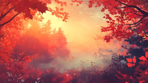 Sunlit autumn forest glows through mist and crimson leaves