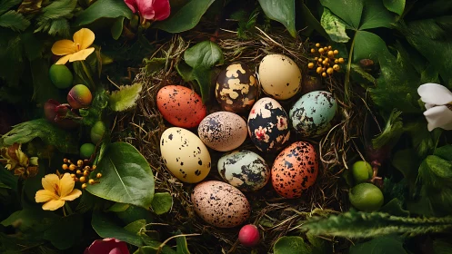 Speckled eggs rest in a lush nest of spring greenery.