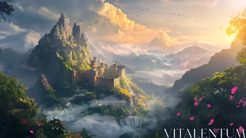 Sunlit mountain citadel above misted waterfall valley panorama.