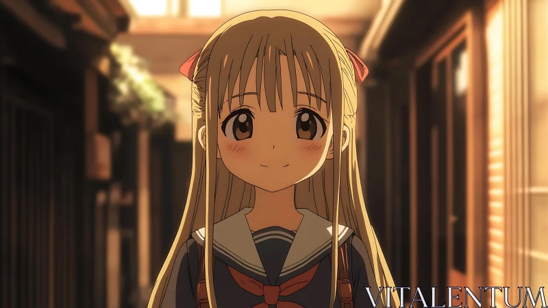 Sunlit hallway stroll with a shy, soft-smiling schoolgirl.