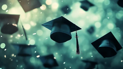 Graduation caps suspended midair in teal bokeh celebration.