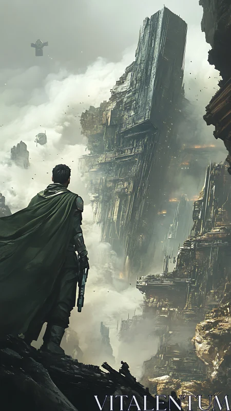 Lone wanderer facing colossal floating ruins in misty skies.