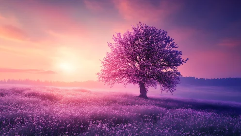 Solitary blossom tree bathing in dreamlit violet sunrise.