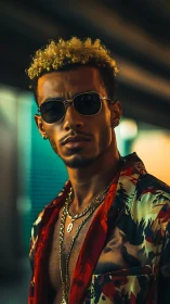 Urban portrait captures confident man in bold patterned shirt.