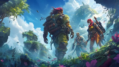 Brave adventurers stride through a lush floating jungle world