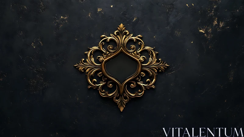 Ornate golden baroque frame rests on dark textured wall.