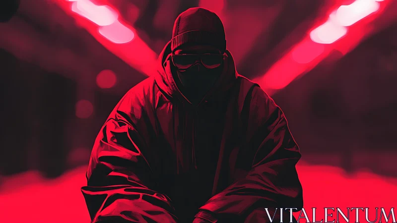 Hooded urban figure in neon red tunnel, high contrast rendering.