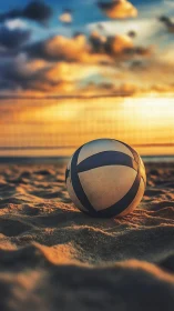 Sunlit beach volleyball resting in the glow of sunset.