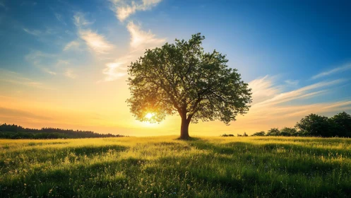 Solitary deciduous tree centered in open sunlit meadow.
