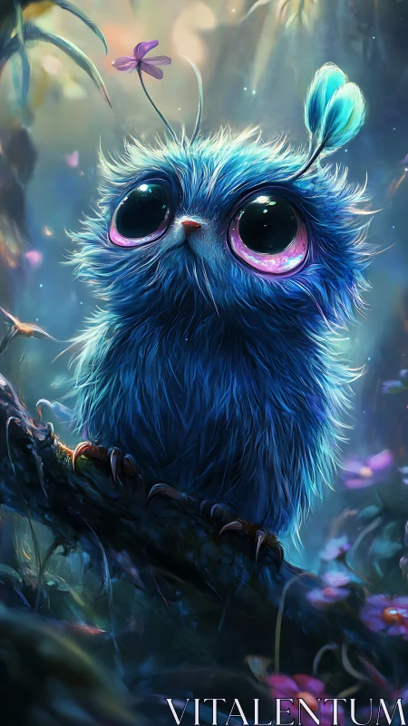 Moonlit blue fluff-creature dreams in glowing flower forest.