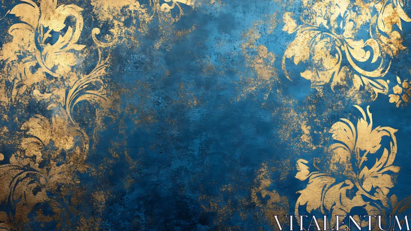 Gold baroque floral pattern on textured blue background.