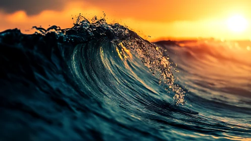 Sunlit ocean wave curls in glowing golden hour radiance