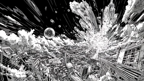 Explosive cityscape caught in a dramatic cosmic upheaval.