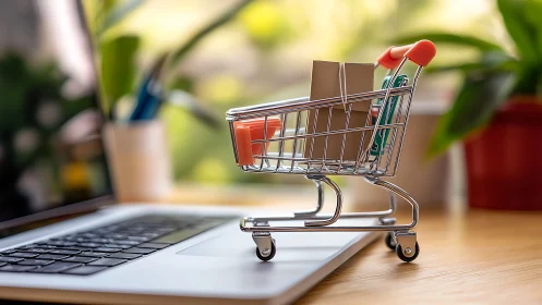 Mini shopping cart on laptop symbolizes modern ecommerce.