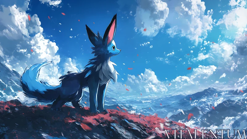 Brave blue fox-like creature gazes across bright dream skies