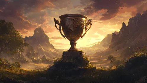 Giant ornate trophy stands centered in a sunlit valley