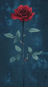 Solitary crimson rose burning against deep midnight blue.