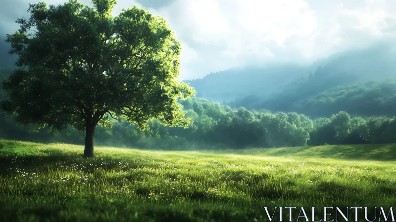 Sunlit meadow invites quiet rest beneath a graceful tree