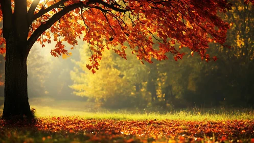 Autumn maple tree glows under golden sunrise forest light.