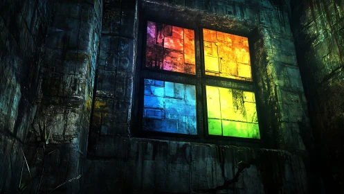 Glowing rainbow window brightening a weathered concrete wall.