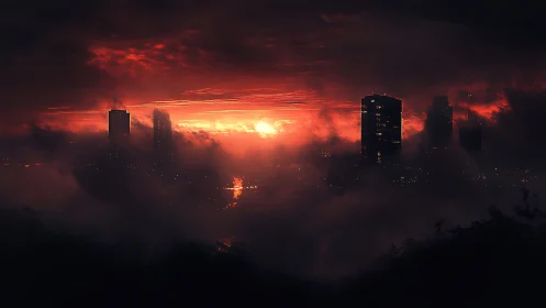 Silhouetted city skyline cuts through dense red storm clouds