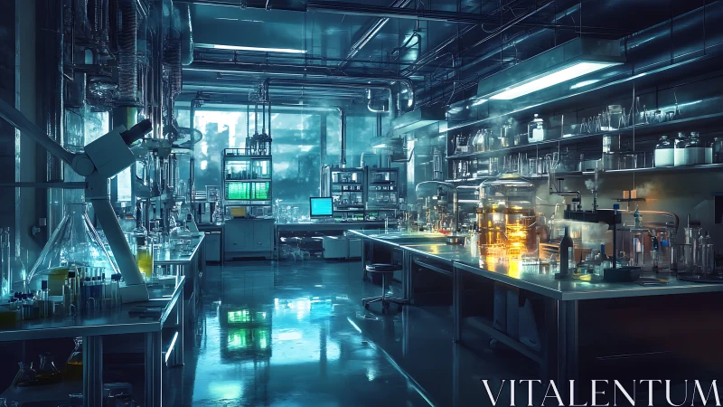 Neon alchemy in a chrome lab of quiet midnight experiments.