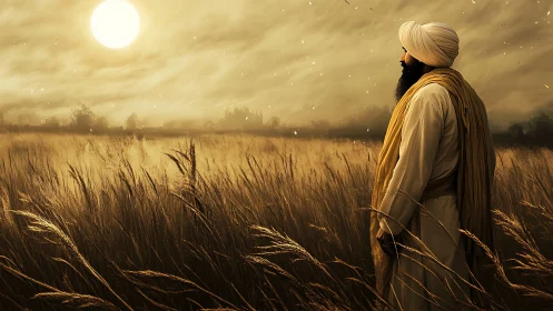 Sunlit turbaned figure standing in golden wheat field at dusk.