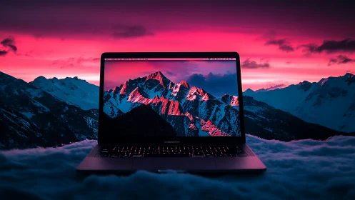 Neon summit laptop dreaming in a candy-flare mountain dusk.